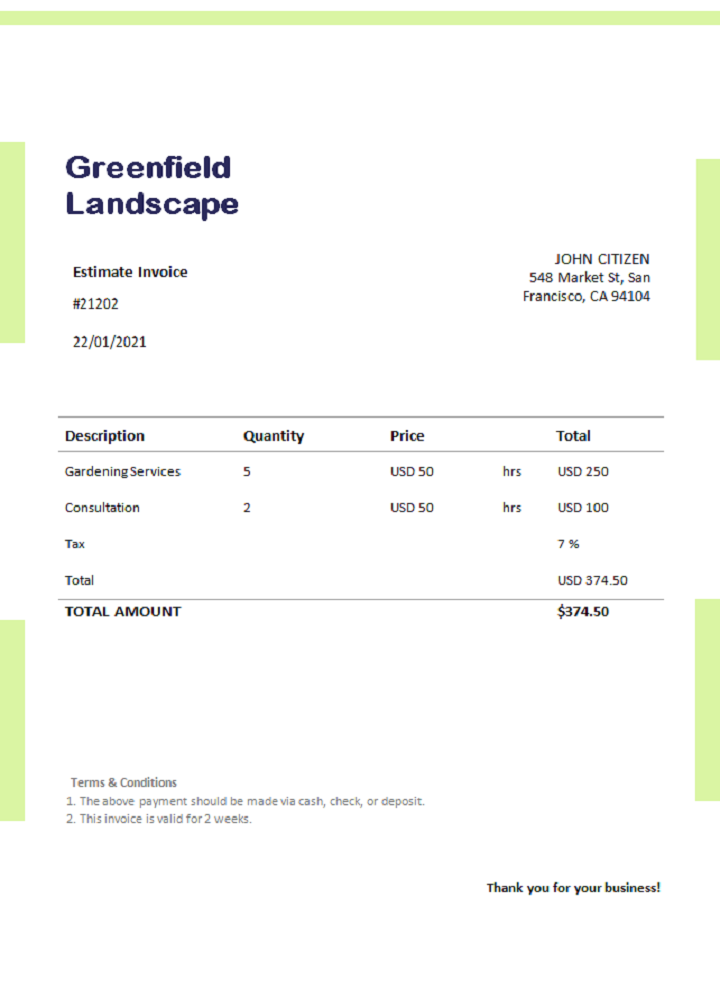 USA Greenfield Landscape invoice PSD template